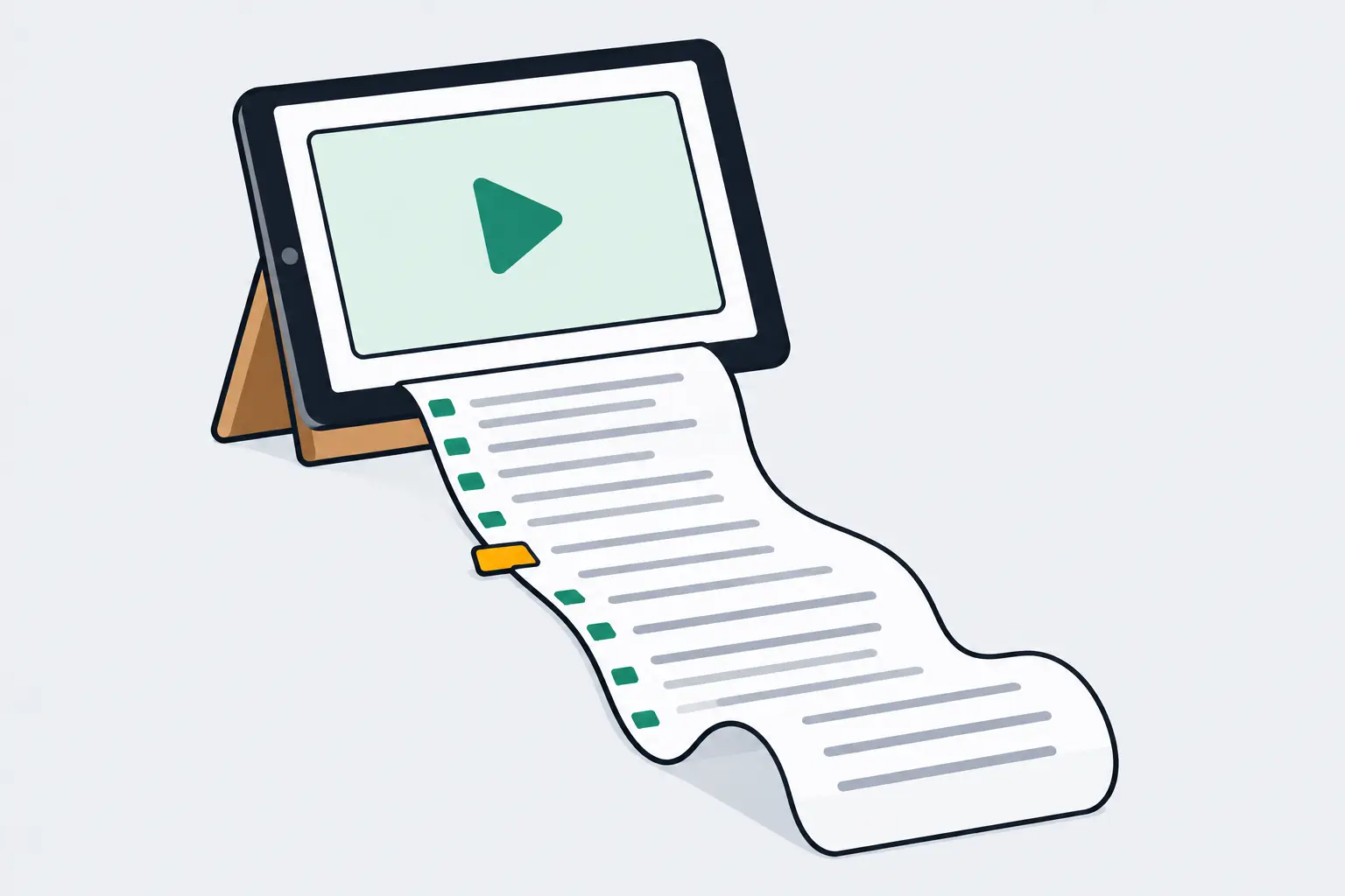A tablet on a stand showing a video, with a long ribbon of lined paper unrolling from it, jade tabs along its margin and one amber tab marking a single line.